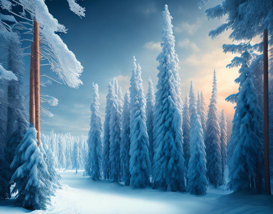Winter Twilight Scene: Snowy Evergreen Forest