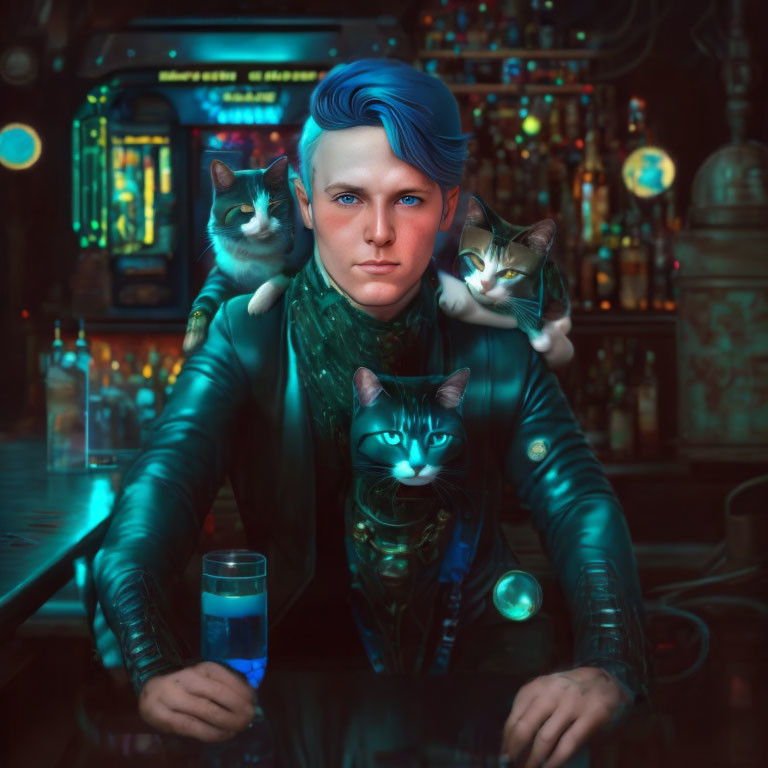 solarpunk man with cats in bar