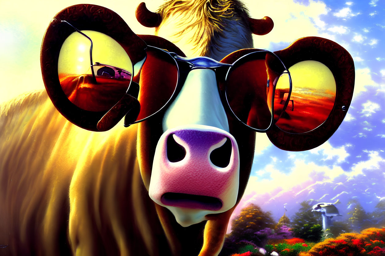 Colorful Sunglasses on Cow in Vibrant Landscape