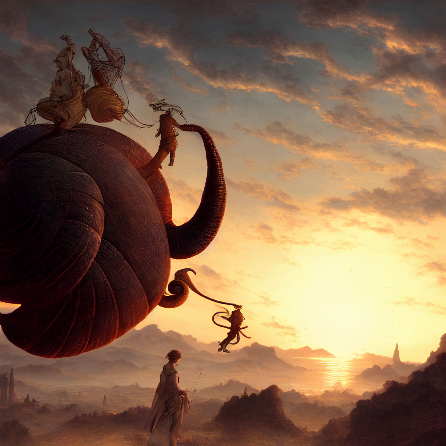 Fantasy scene: people ride elephant-like creature in mountain landscape at sunset