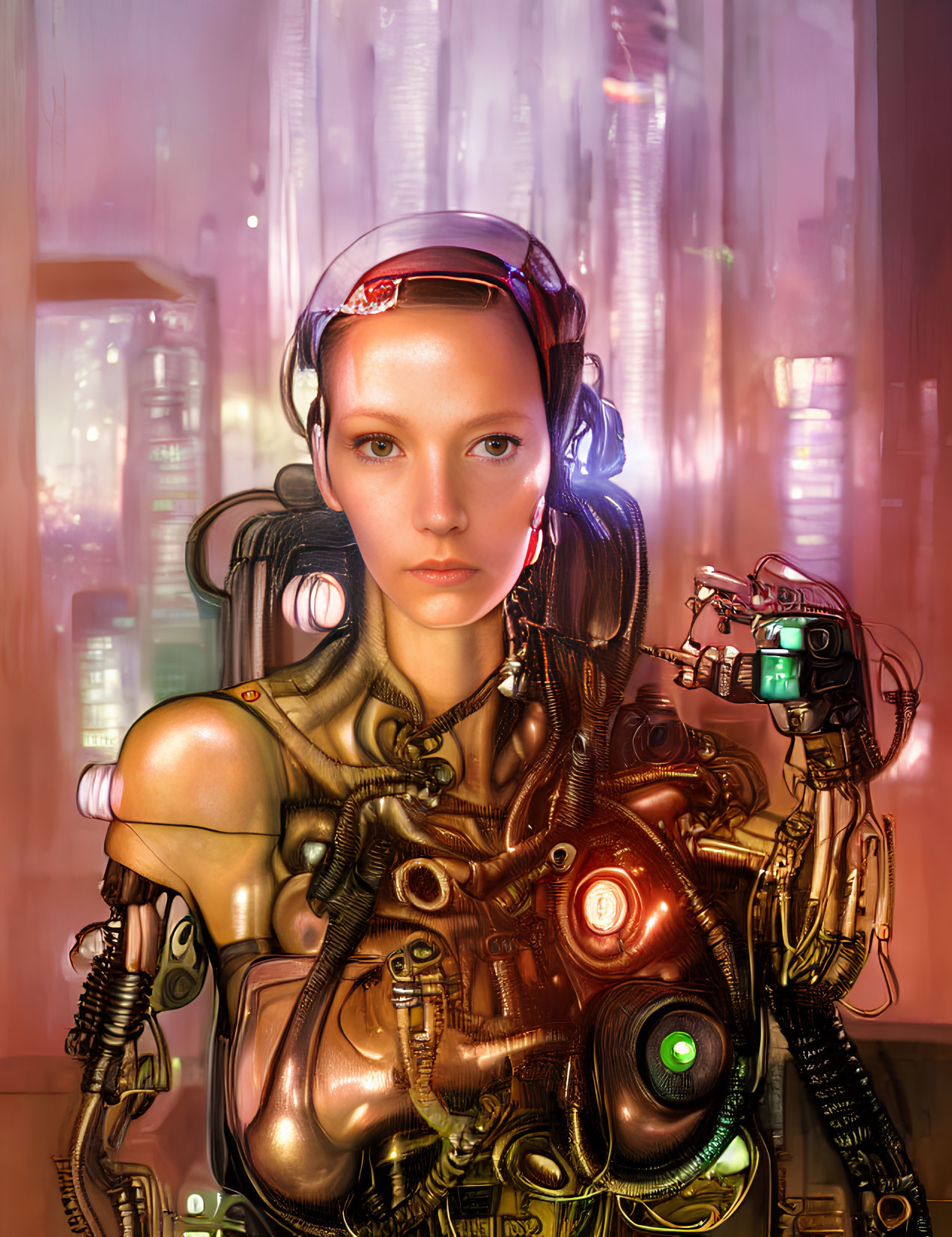 Futuristic cyborg woman with intricate mechanical details in neon-lit cityscape