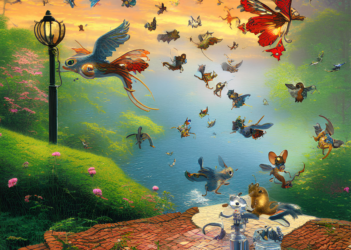 Whimsical flying fish-birds, playful squirrels, serene river, flowering paths, street