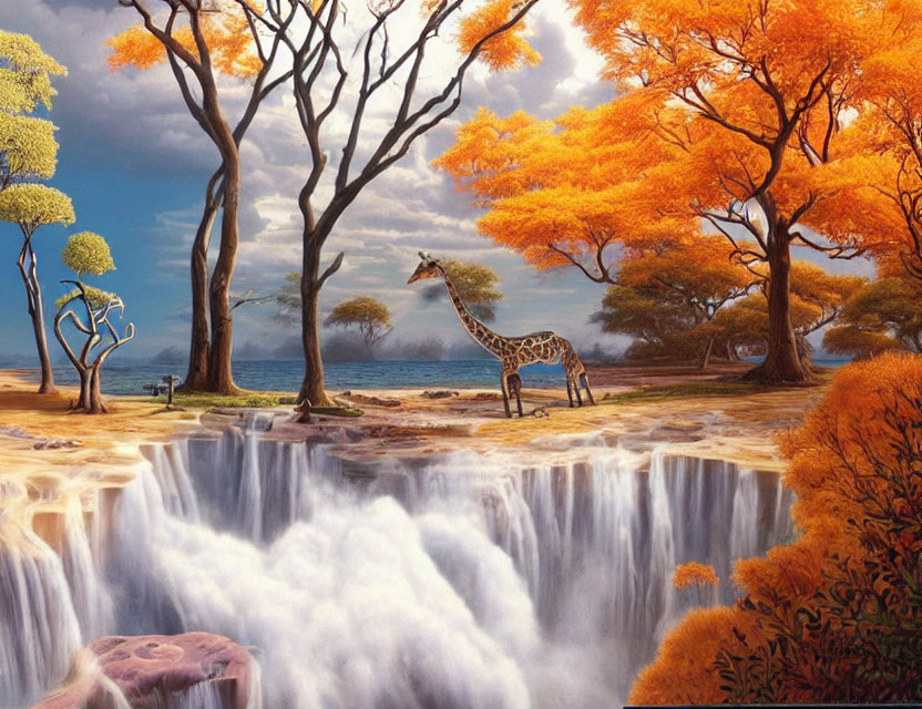 Surreal giraffe in vibrant landscape with waterfall