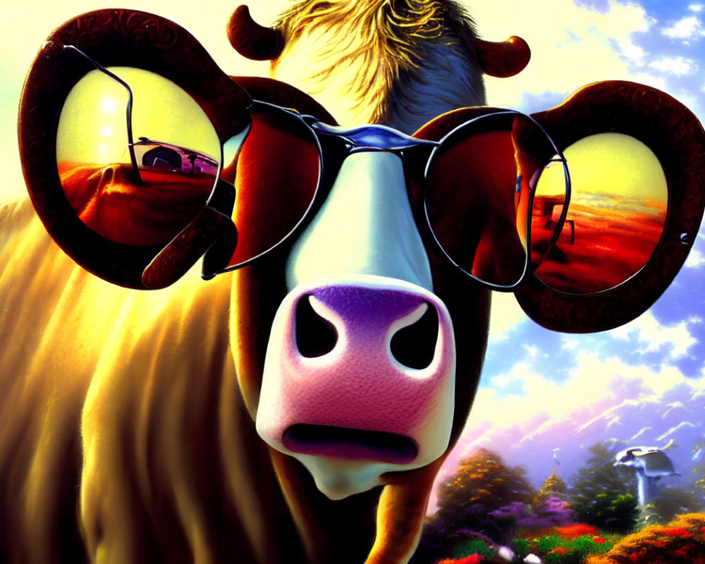 Colorful Sunglasses on Cow in Vibrant Landscape
