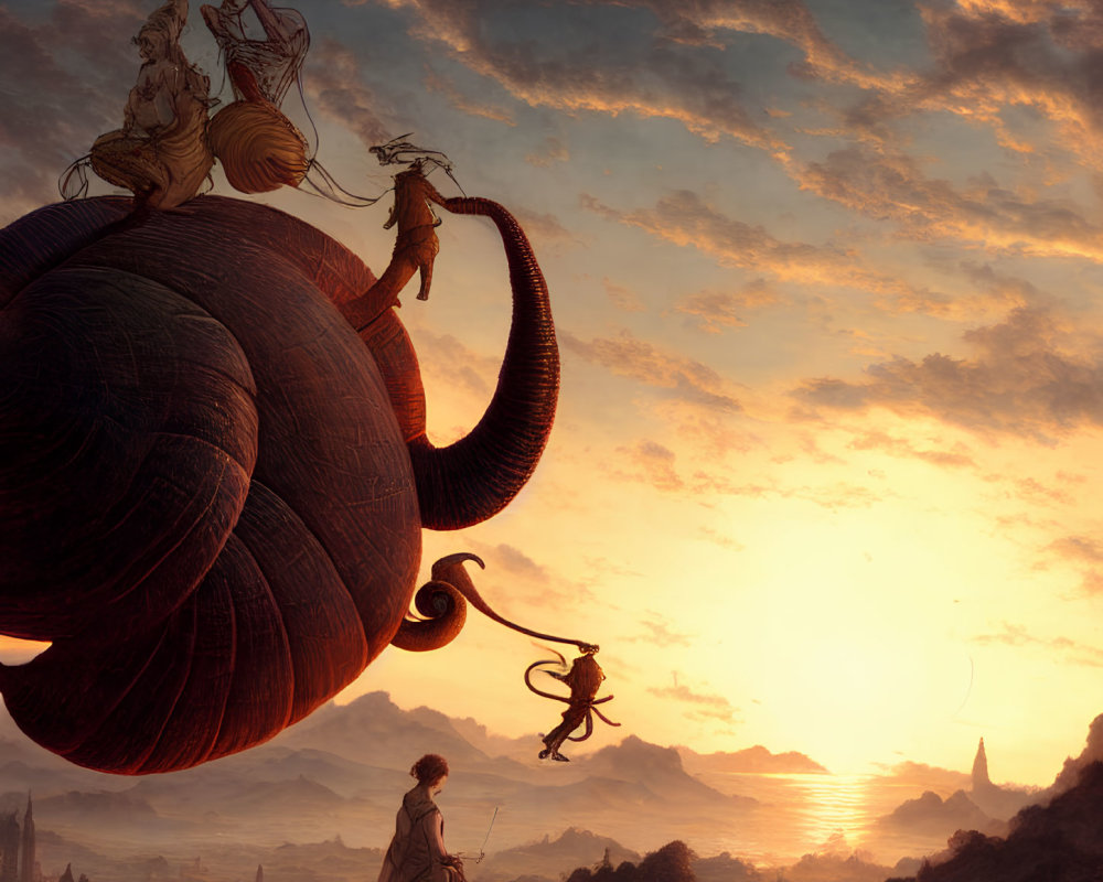 Fantasy scene: people ride elephant-like creature in mountain landscape at sunset
