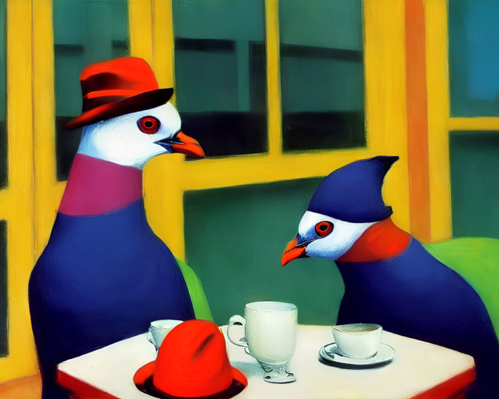 Stylized birds at cafe table with coffee, one in hat