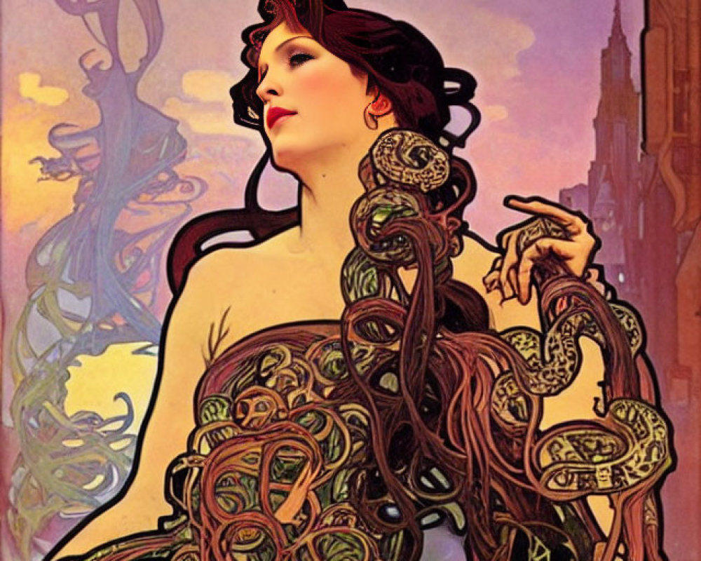 Illustration of a woman with flowing, serpentine hair in Art Nouveau style