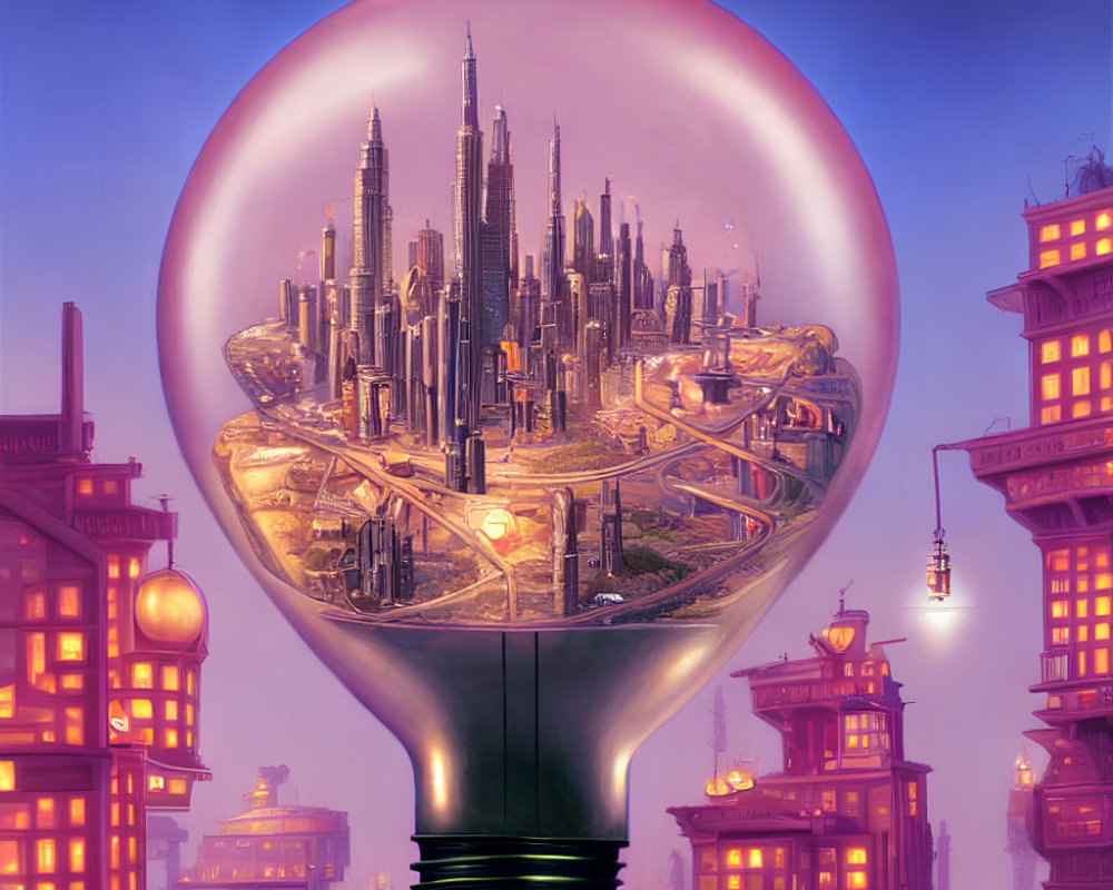 Futuristic cityscape in giant lightbulb with illuminated buildings under purple sky