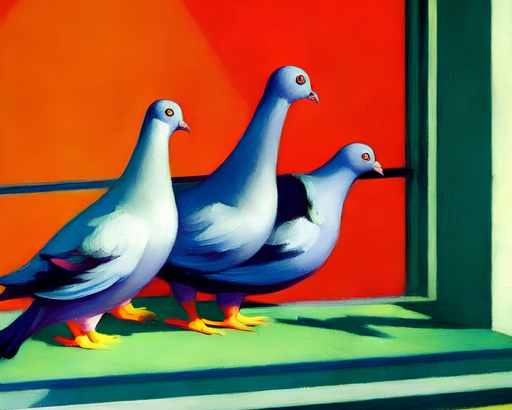 Stylized pigeons in bold orange and green colors by a window