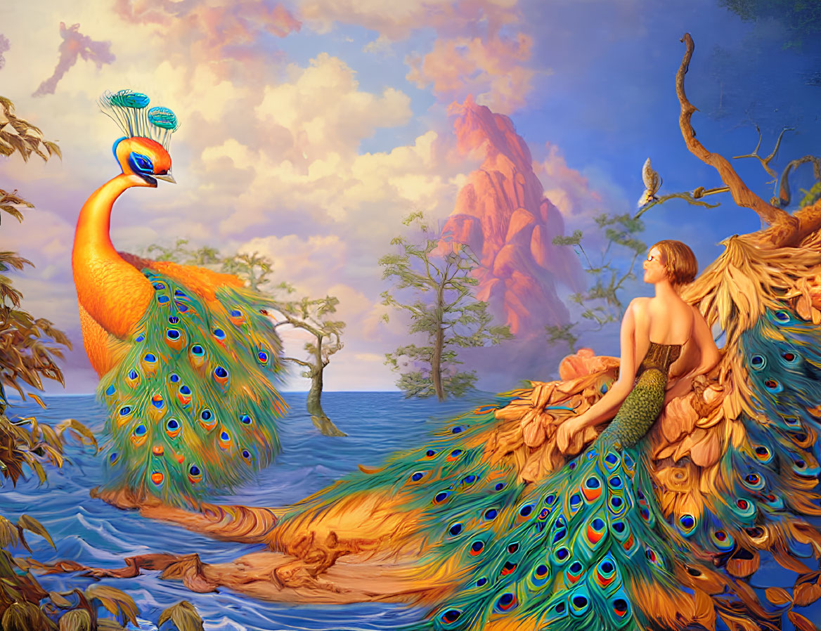 Colorful person with peacock body near water, facing large peacock in fantasy landscape