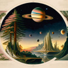 Vintage-style space exploration poster with lush otherworldly landscapes and multiple planets.