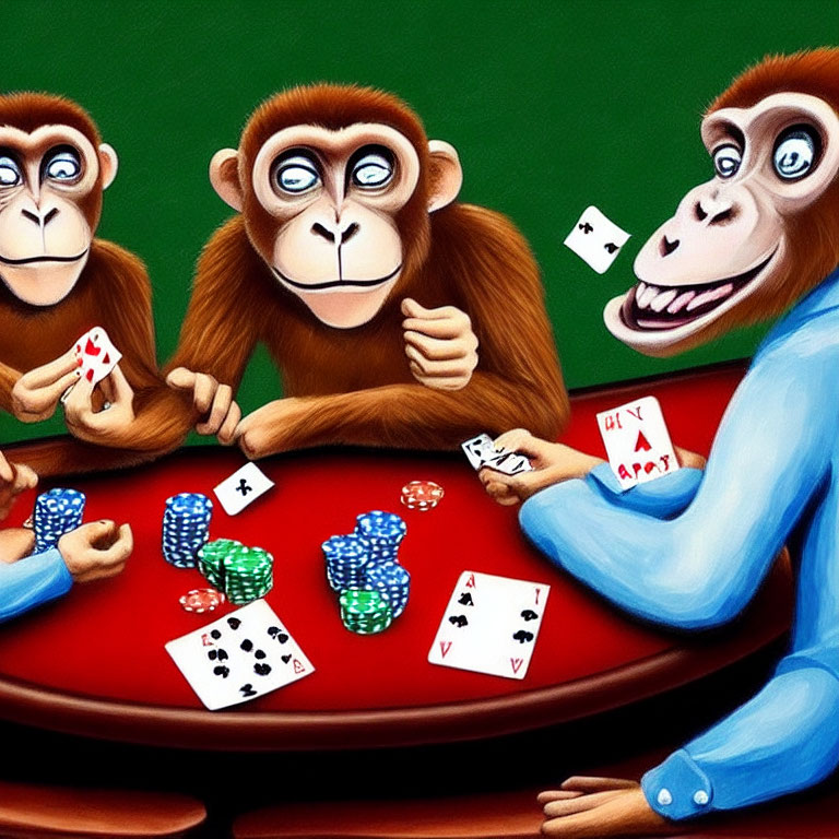 Colorful Cartoon Monkeys Playing Poker on Red Table