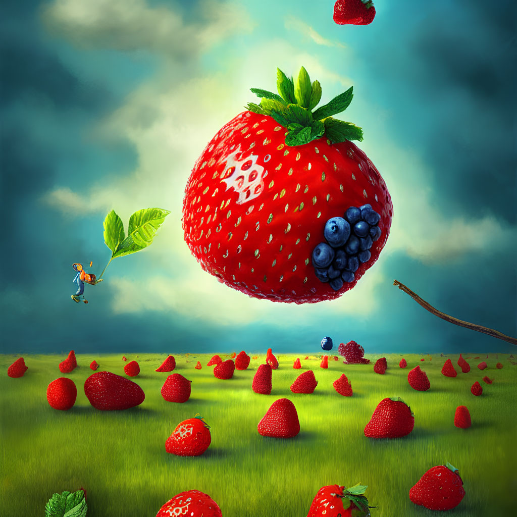 Fantastical artwork featuring oversized floating strawberry above field with small figure and scattered berries.