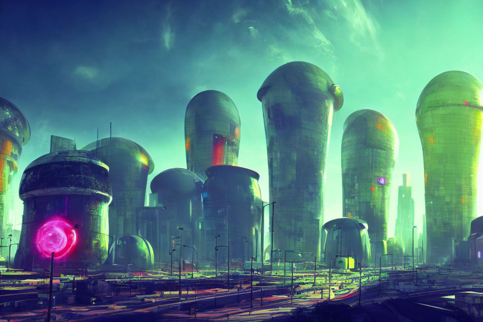 Futuristic cityscape with towering cylindrical buildings and advanced infrastructure