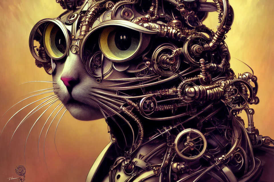 Steampunk robotic cat illustration with green eyes on warm background