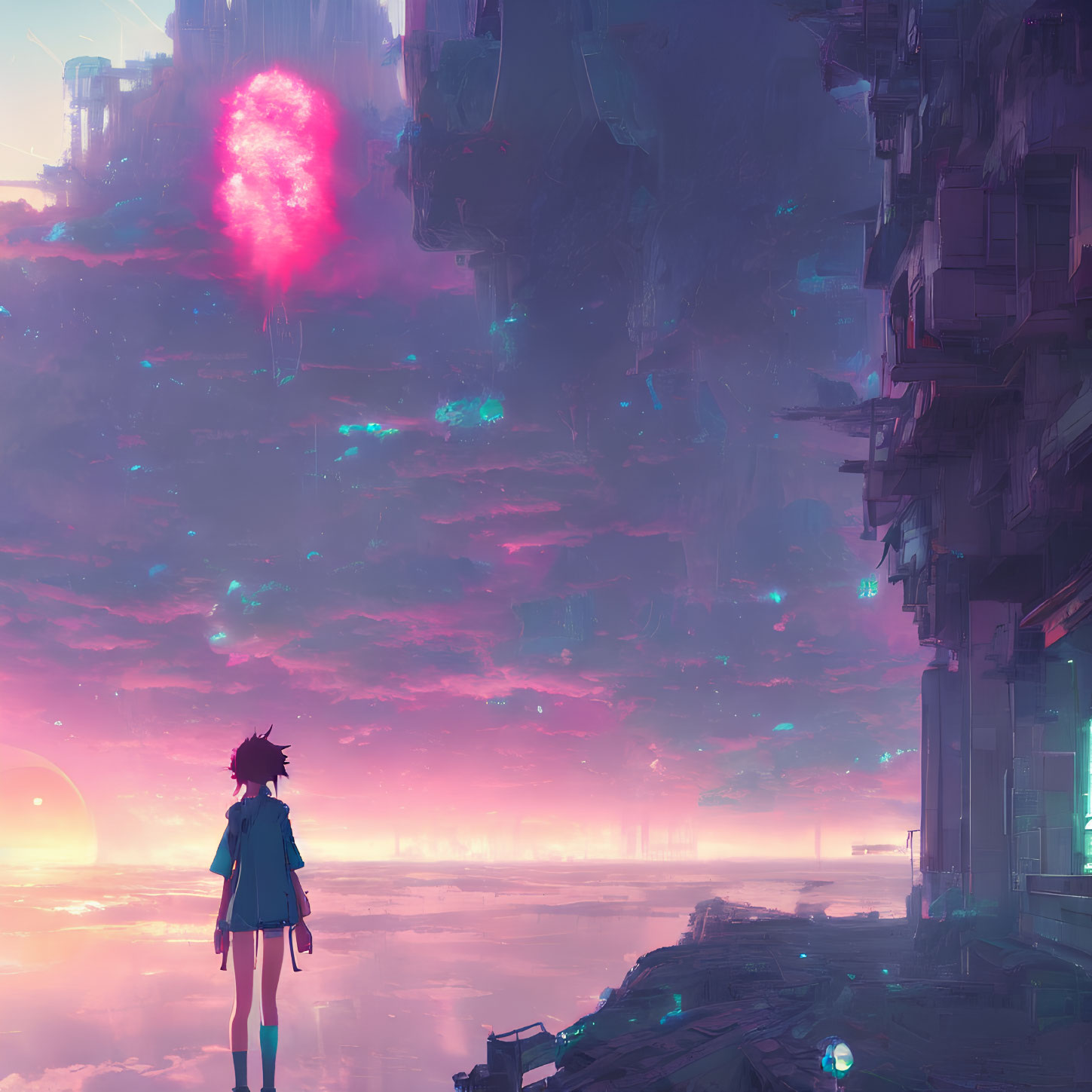 Person overlooking futuristic cityscape with pink skyline