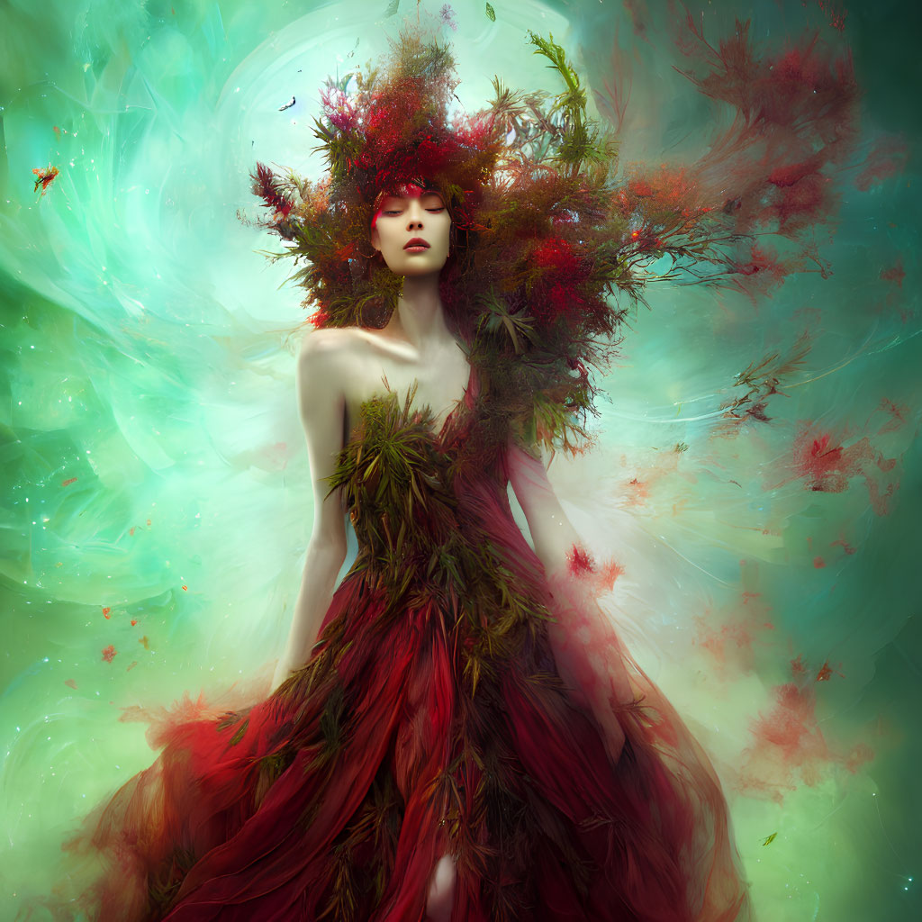 Mystical woman in leaf dress with red foliage headpiece in green mist