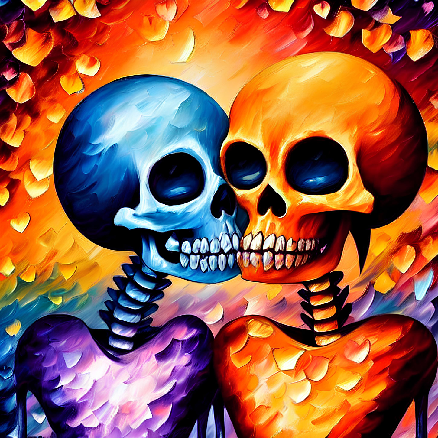 Colorful Stylized Skeletons Embracing with Heart-Shaped Eyes