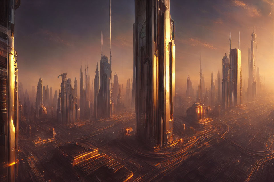Futuristic cityscape at dusk: towering skyscrapers, warm sunset glow, intricate infrastructure