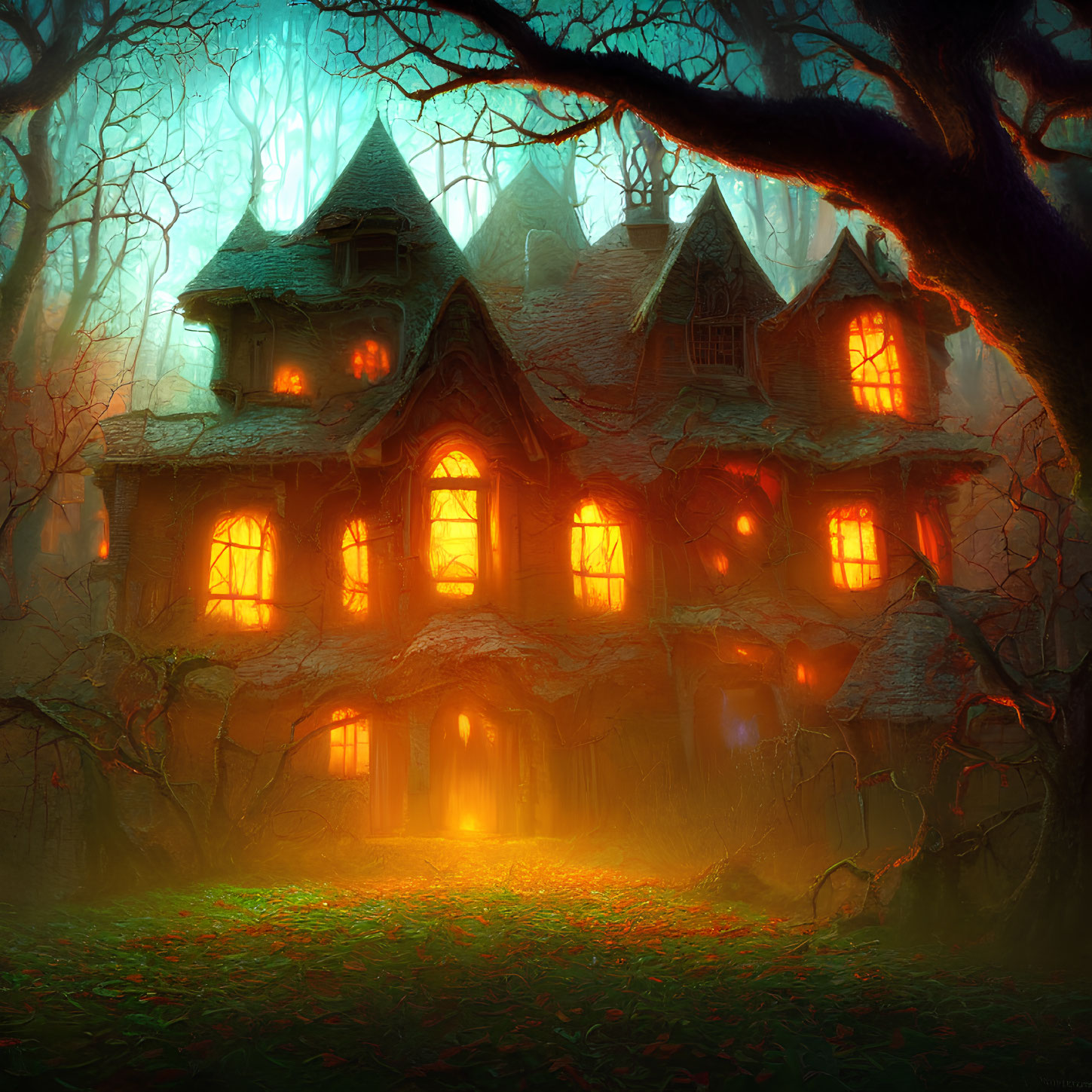 Eerie Tudor-style house in misty enchanted forest