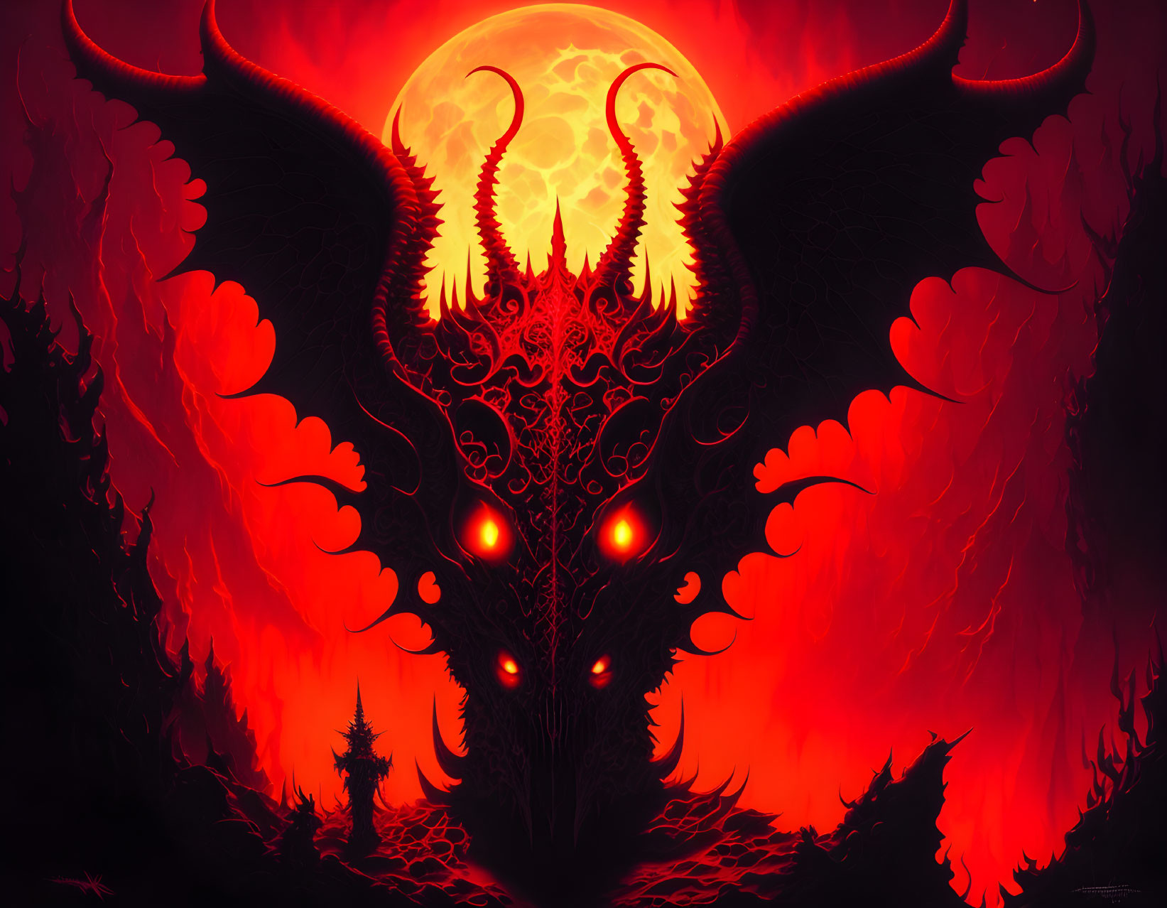 Fantastical red and black demonic entity under crescent moon.