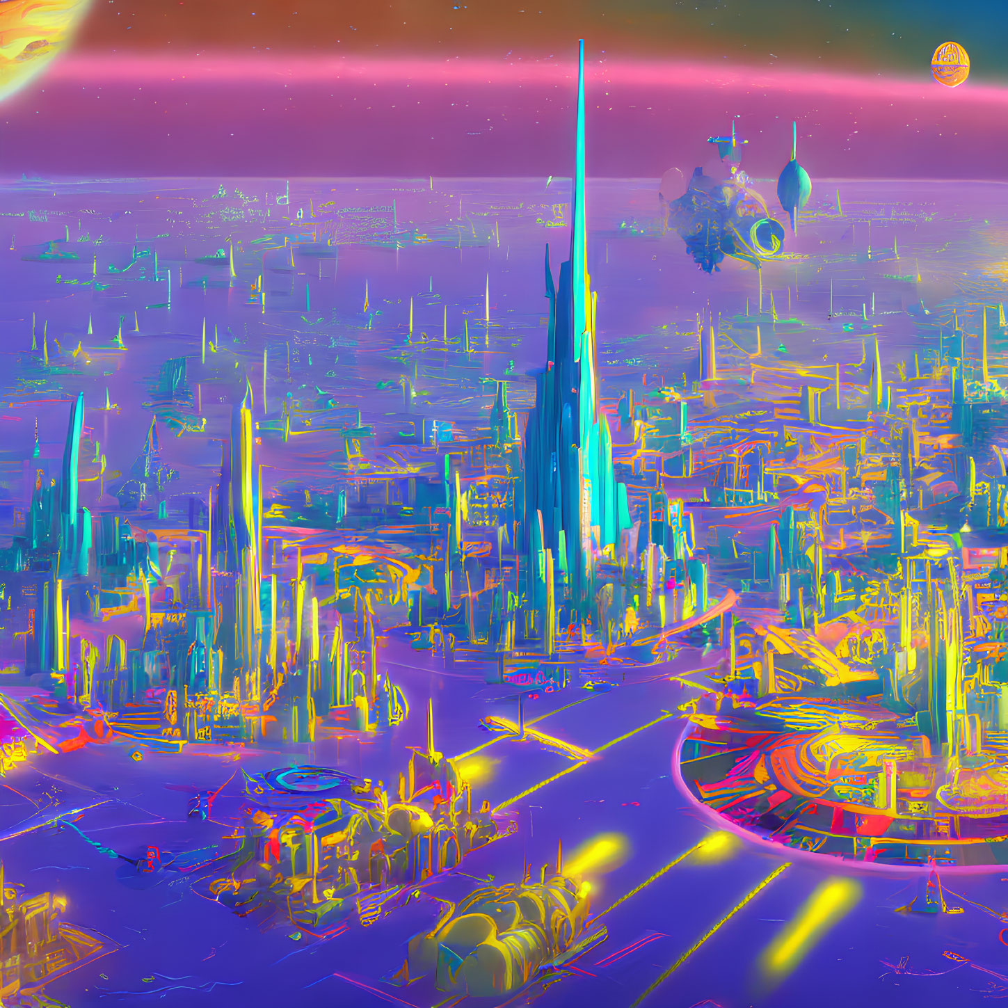 Colorful futuristic cityscape with towering spires and flying objects