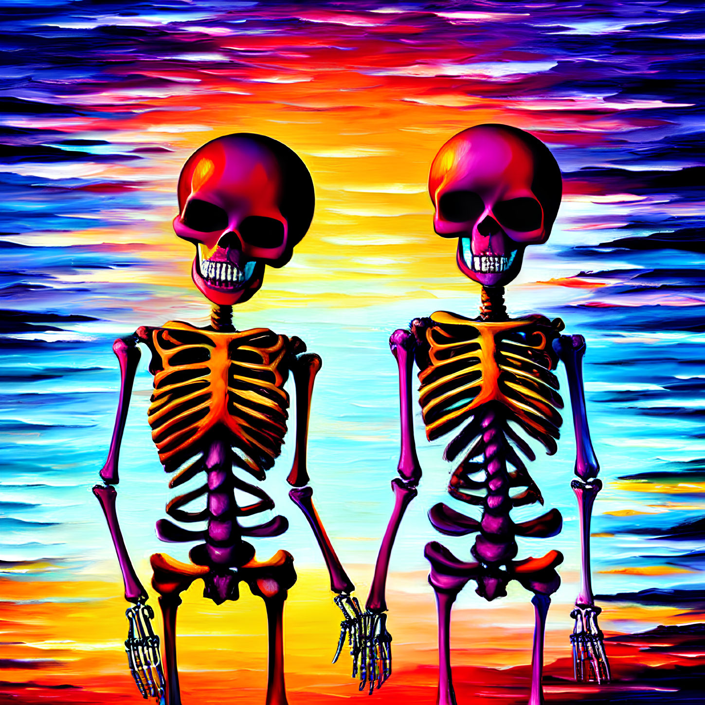 Colorful Stylized Skeletons on Vibrant Abstract Background