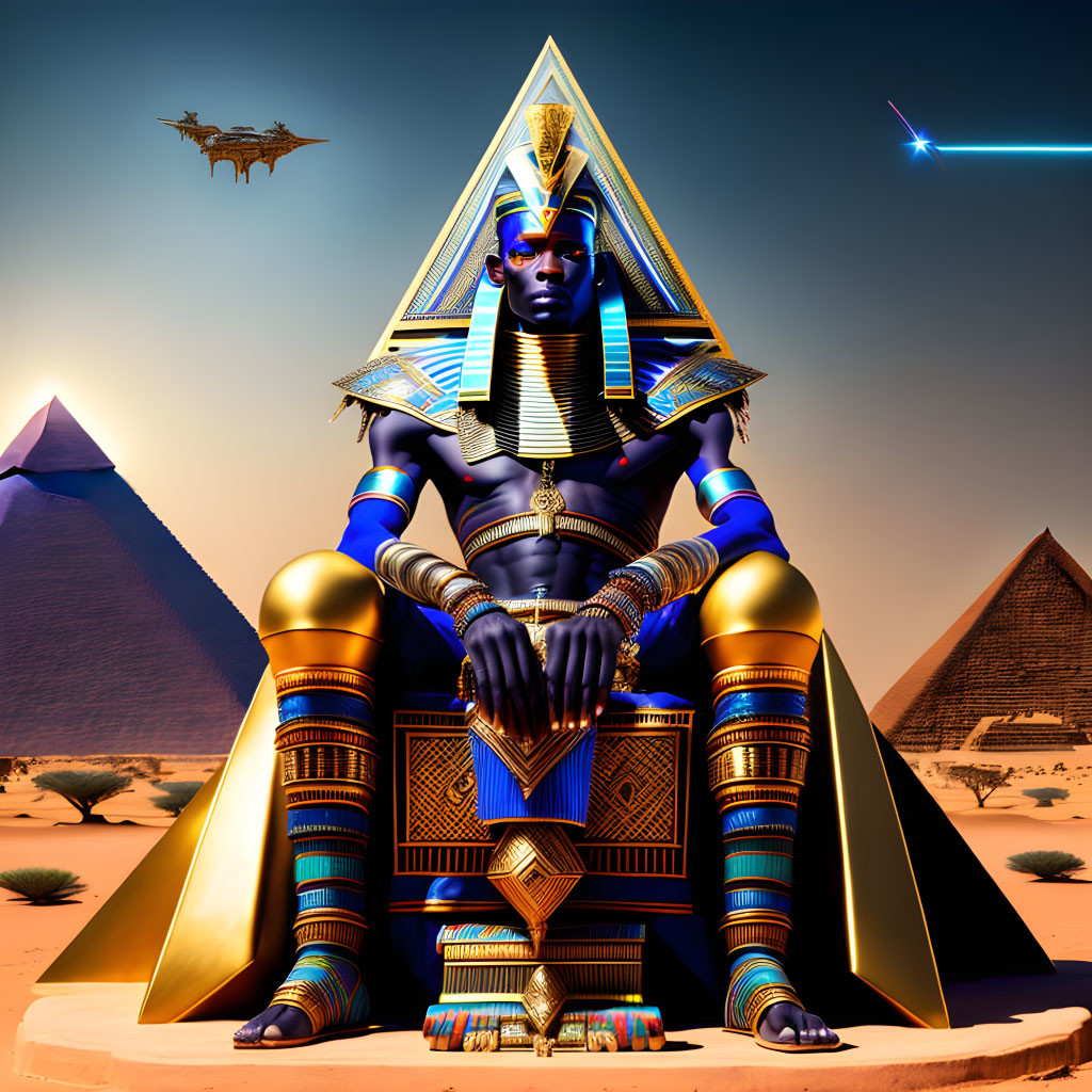 Futuristic Pharaoh with cybernetic features in front of pyramids and sky with drone.