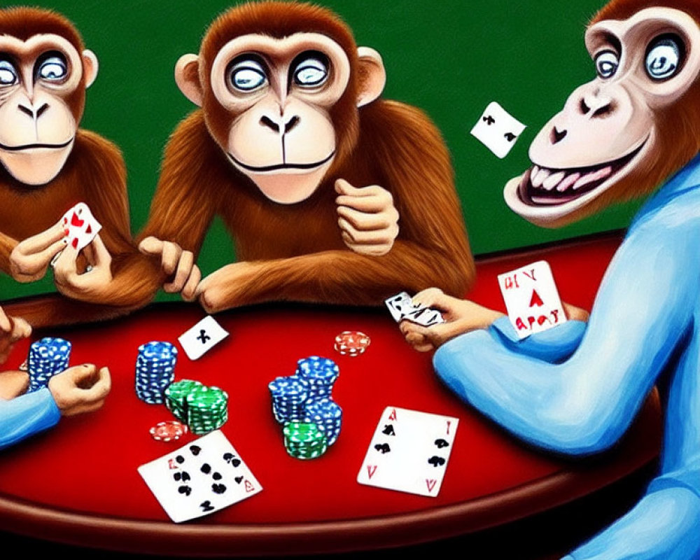 Colorful Cartoon Monkeys Playing Poker on Red Table