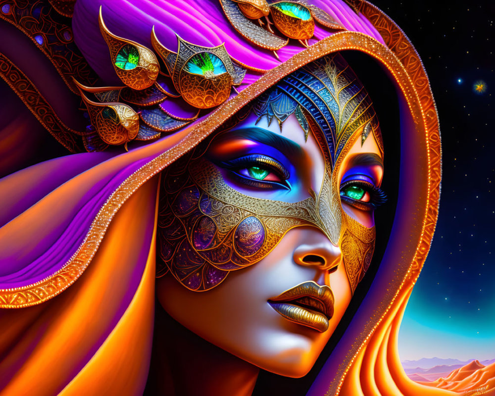 Woman with decorative mask in vibrant digital art