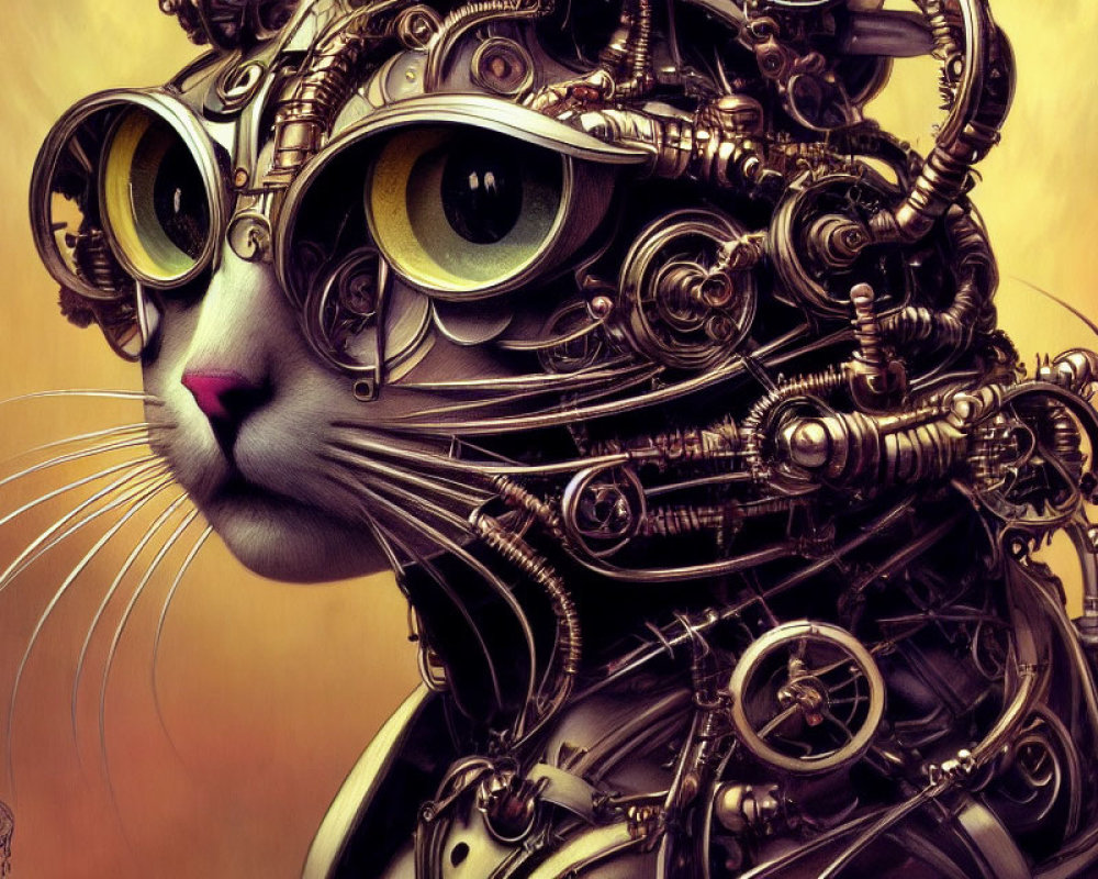 Steampunk robotic cat illustration with green eyes on warm background