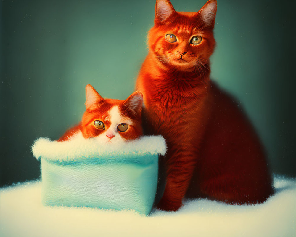 Two Ginger Cats with Striking Eyes in Blue Box on Creamy Background