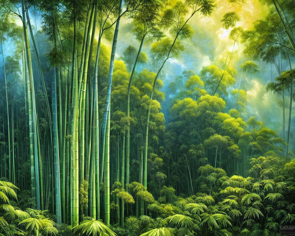 Sunlit Bamboo Forest with Vibrant Green Stalks and Fern Undergrowth
