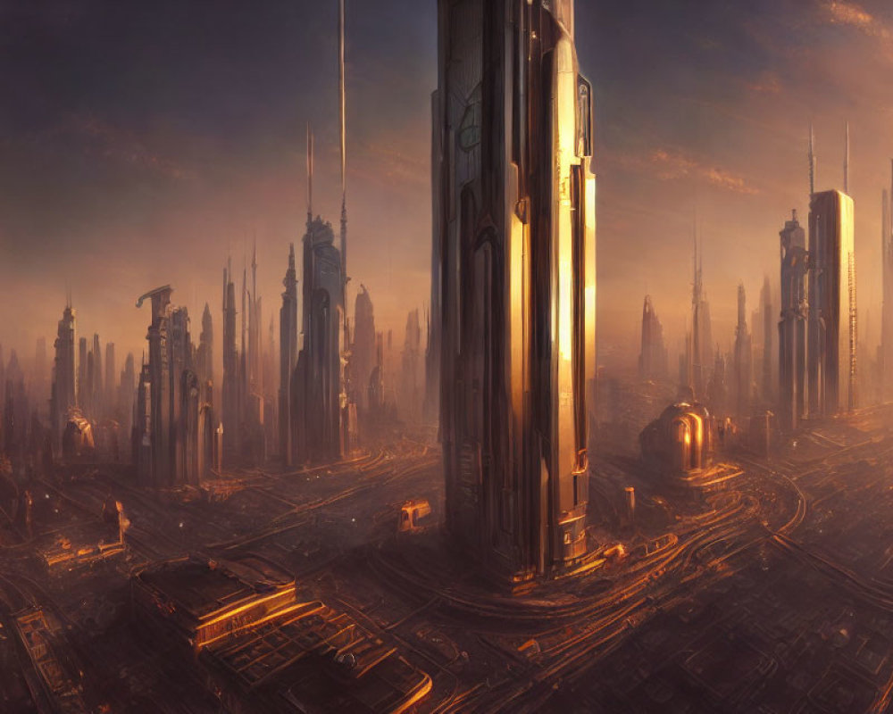 Futuristic cityscape at dusk: towering skyscrapers, warm sunset glow, intricate infrastructure