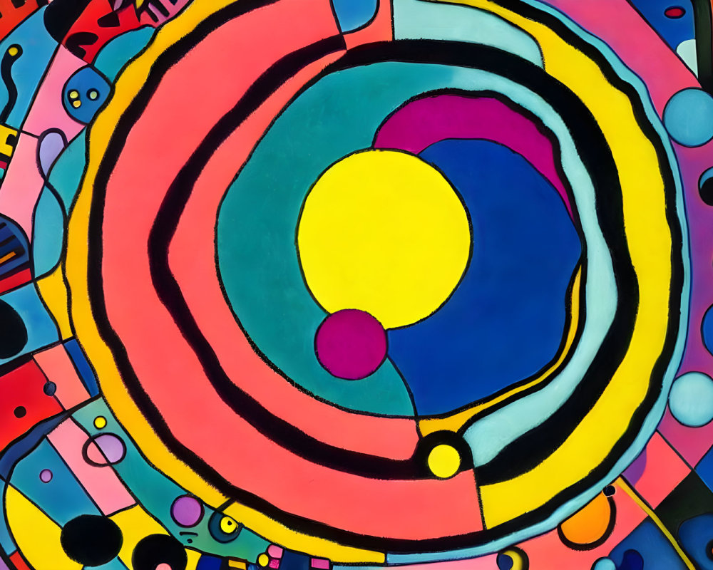 Colorful Abstract Painting with Concentric Circles and Whimsical Shapes