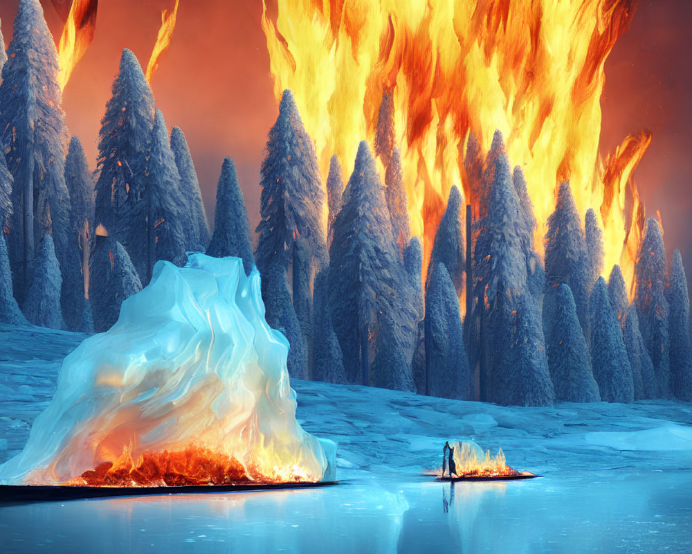 Frozen forest meets fiery blaze with icebergs and intense flames.