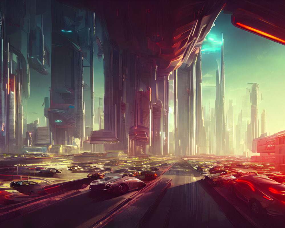 Vibrant futuristic cityscape with towering skyscrapers and flying cars.