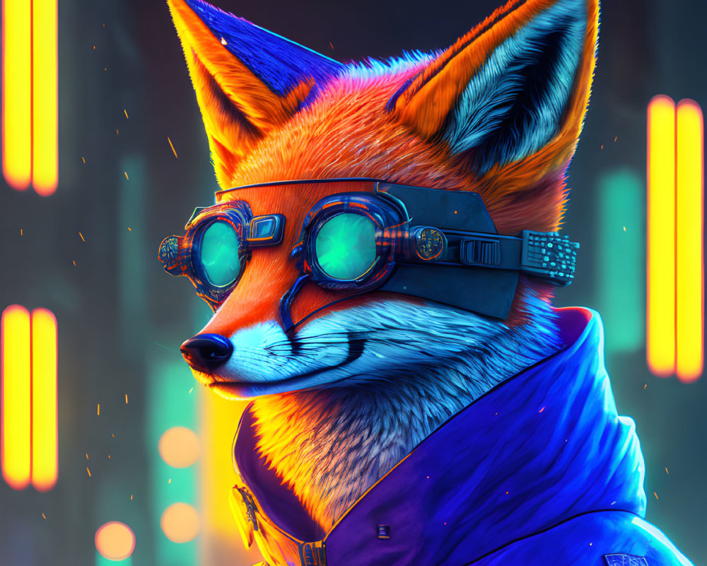 Fox with Goggles and Blue Jacket in Neon-lit Artwork