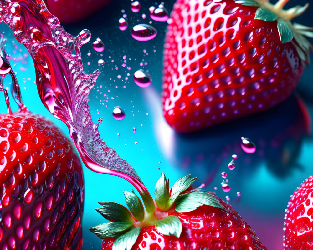 Fresh strawberries with water droplets on blue background