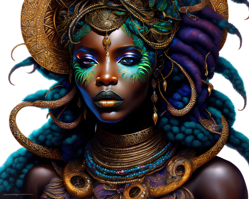 Digital artwork featuring woman with gold and blue headpiece and green facial markings