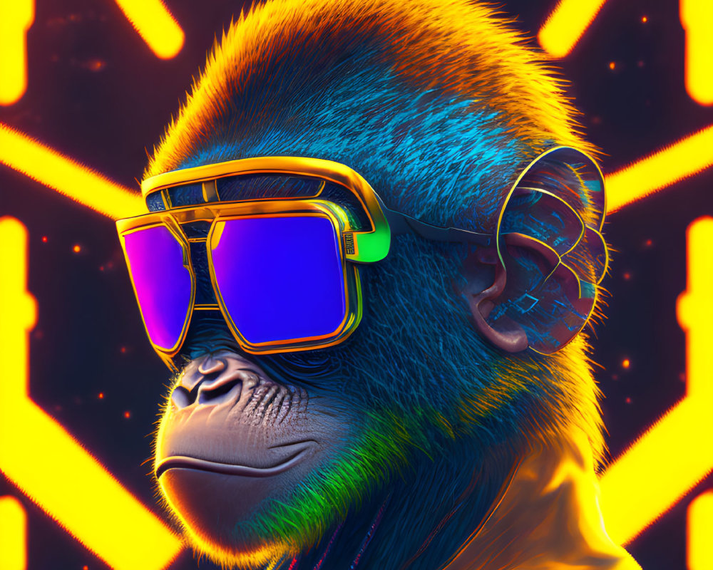 Colorful Monkey Illustration with Sunglasses and Headphones on Neon Background