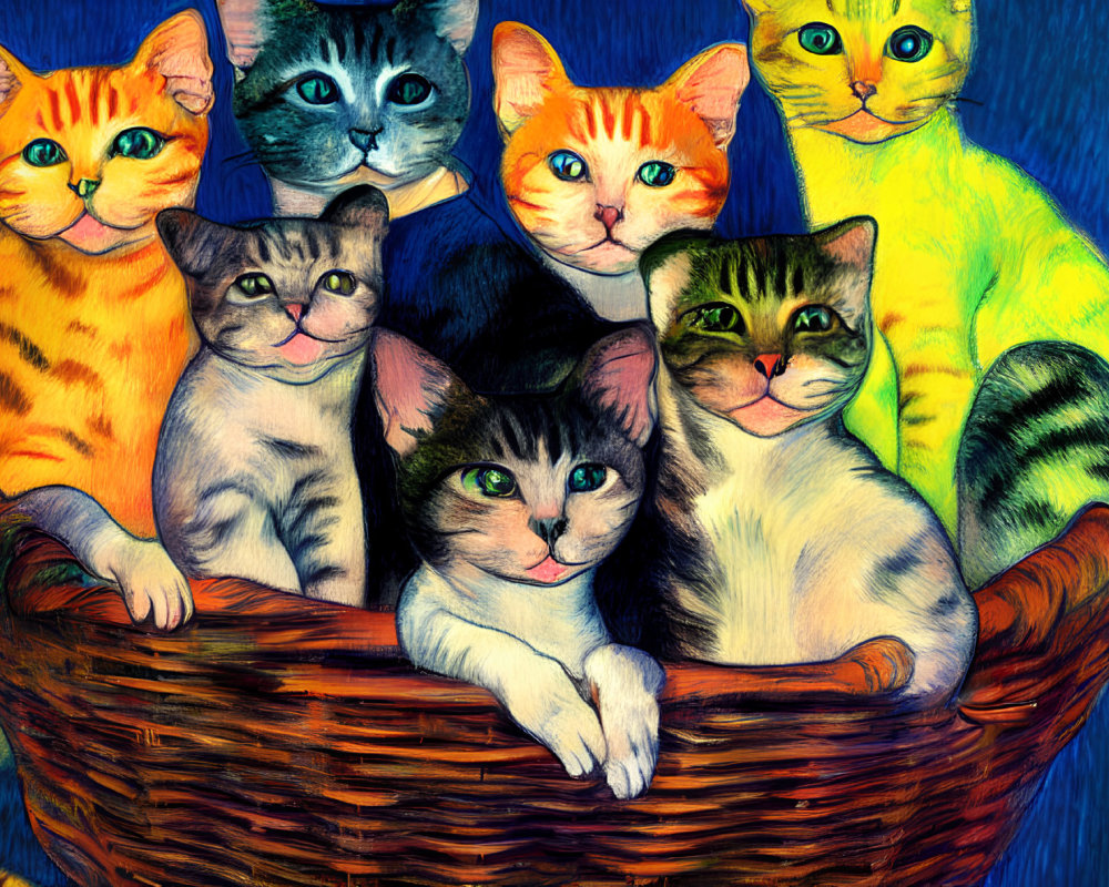 Vibrant Illustration: Seven Cats in Wicker Basket
