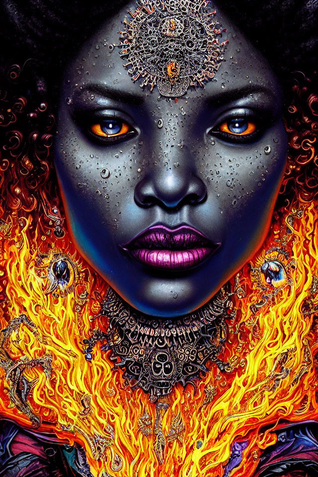 Woman with Blue Skin, Orange Eyes, and Fiery Hair in Mystical Portrait