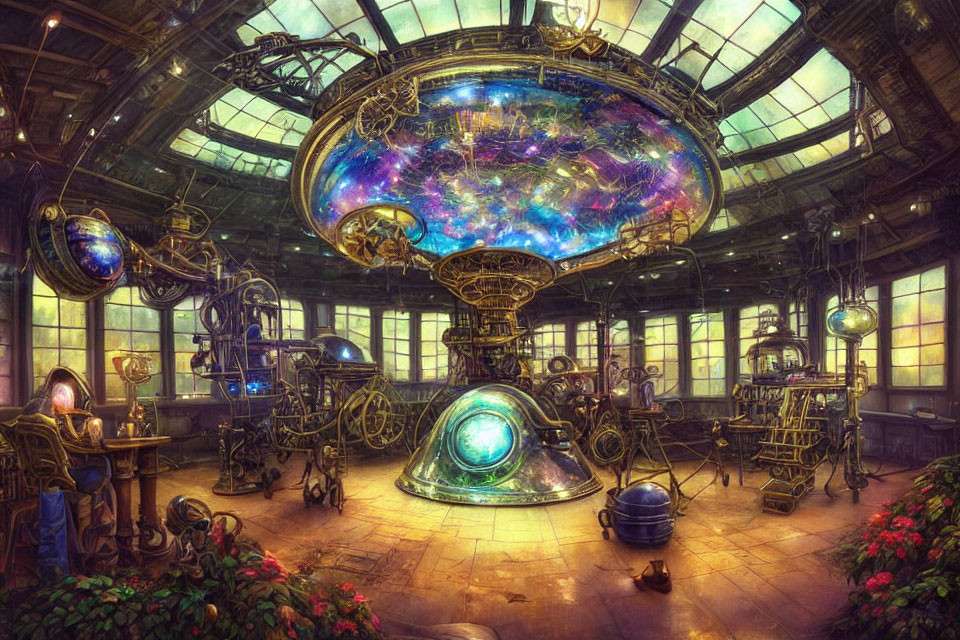 Steampunk-style observatory with cosmic display and intricate machinery