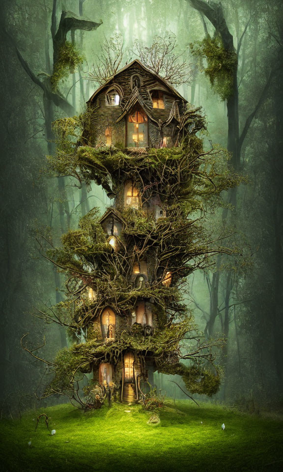 Misty forest scene: Glowing multi-story treehouse nestled among twisted trees