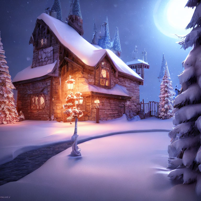 Snowy Night Scene: Cozy Cottage, Castle, and Moonlit Sky