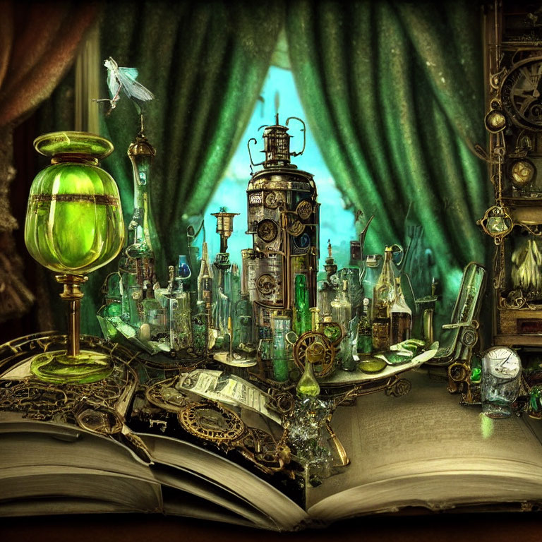 Intricate steampunk tableau with glowing vials, open book, and winged creature