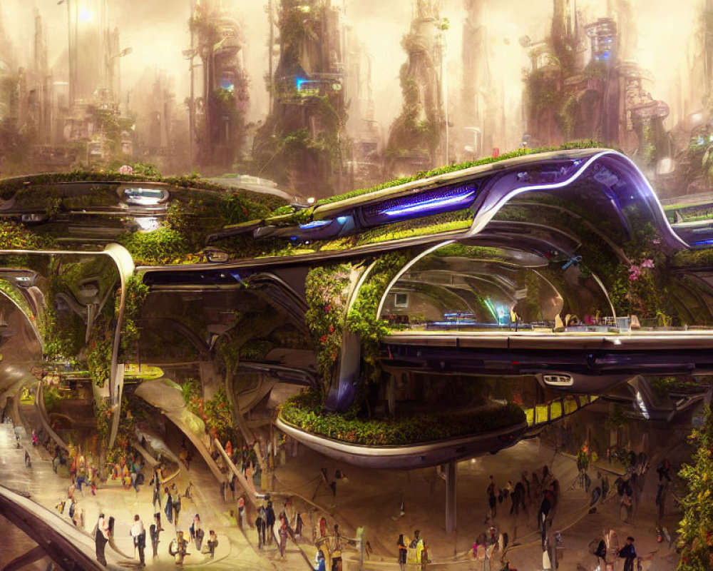 Futuristic cityscape featuring greenery, advanced architecture, and transportation network.