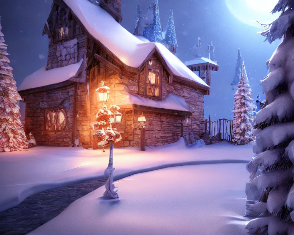 Snowy Night Scene: Cozy Cottage, Castle, and Moonlit Sky