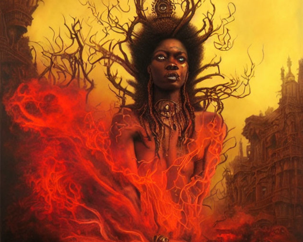 Mystical figure in fiery red attire with intricate headpiece on gothic backdrop